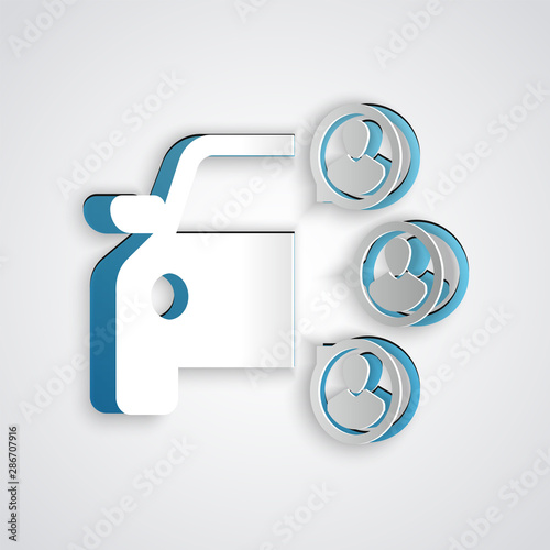 Paper cut Car sharing with group of people icon isolated on grey background. Carsharing sign. Transport renting service concept. Paper art style. Vector Illustration