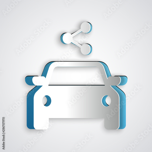 Paper cut Car sharing icon isolated on grey background. Carsharing sign. Transport renting service concept. Paper art style. Vector Illustration