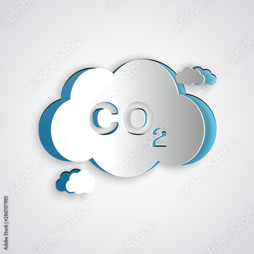 Paper cut CO2 emissions in cloud icon isolated on grey background. Carbon dioxide formula symbol, smog pollution concept, environment concept. Paper art style. Vector Illustration