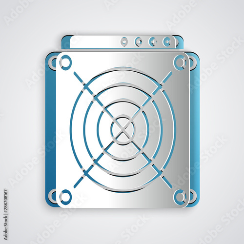 Paper cut ASIC Miner icon isolated on grey background. Cryptocurrency mining equipment and hardware. Application specific integrated circuit. Paper art style. Vector Illustration