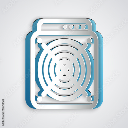 Paper cut ASIC Miner icon isolated on grey background. Cryptocurrency mining equipment and hardware. Application specific integrated circuit. Paper art style. Vector Illustration