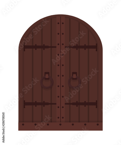 Old medieval wooden door flat vector illustration