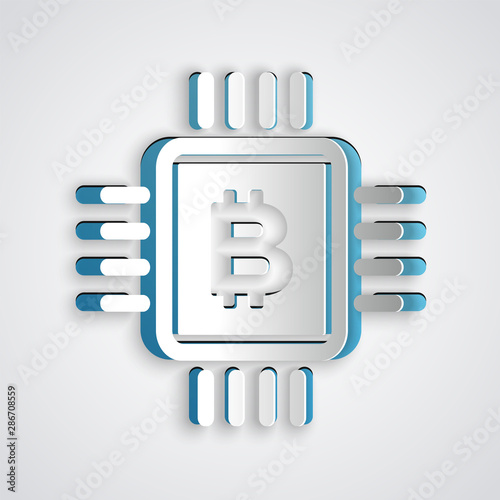 Paper cut CPU mining farm icon isolated on grey background. Bitcoin sign inside microchip. Cryptocurrency mining community. Digital money. Paper art style. Vector Illustration