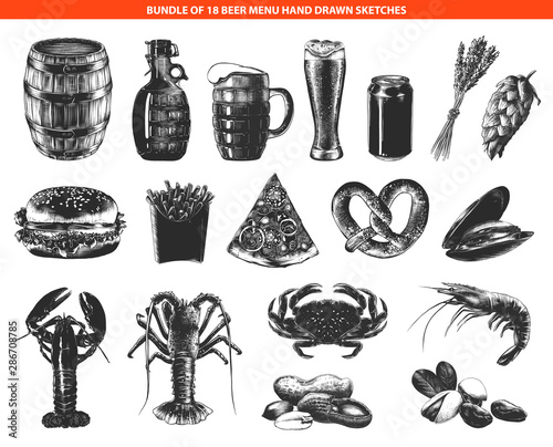Vector engraved style beer menu bundle for posters, decoration, menu, logo and print. Hand drawn sketches in monochrome isolated on white background. Detailed vintage woodcut style drawing.