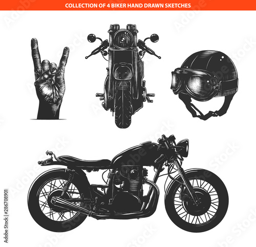 Vector engraved style moto biker set for posters, decoration, logo and print. Hand drawn sketches collection in monochrome isolated on white background. Detailed vintage woodcut style drawing.