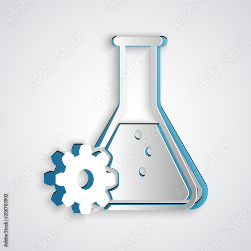 Paper cut Bioengineering icon isolated on grey background. Element of genetics and bioengineering icon. Biology, molecule, chemical icon. Paper art style. Vector Illustration