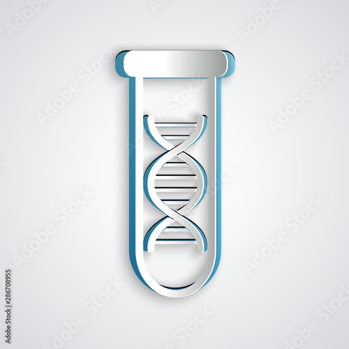 Paper cut DNA research, search icon isolated on grey background. Genetic engineering, genetics testing, cloning, paternity testing. Paper art style. Vector Illustration