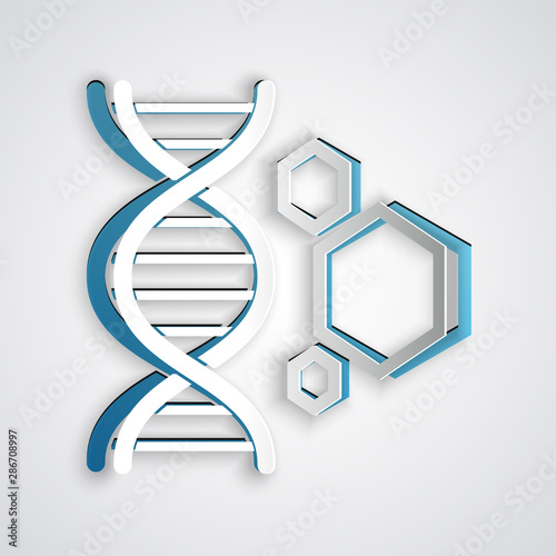 Paper cut Genetic engineering icon isolated on grey background. DNA analysis, genetics testing, cloning, paternity testing. Paper art style. Vector Illustration