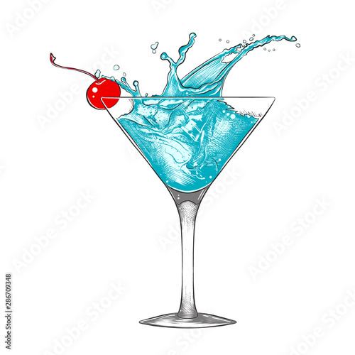 Vector engraved style illustration for posters, decoration and print. Hand drawn sketch of blue lagoon cocktail with splashes, colorful isolated on white background. Detailed vintage woodcut style