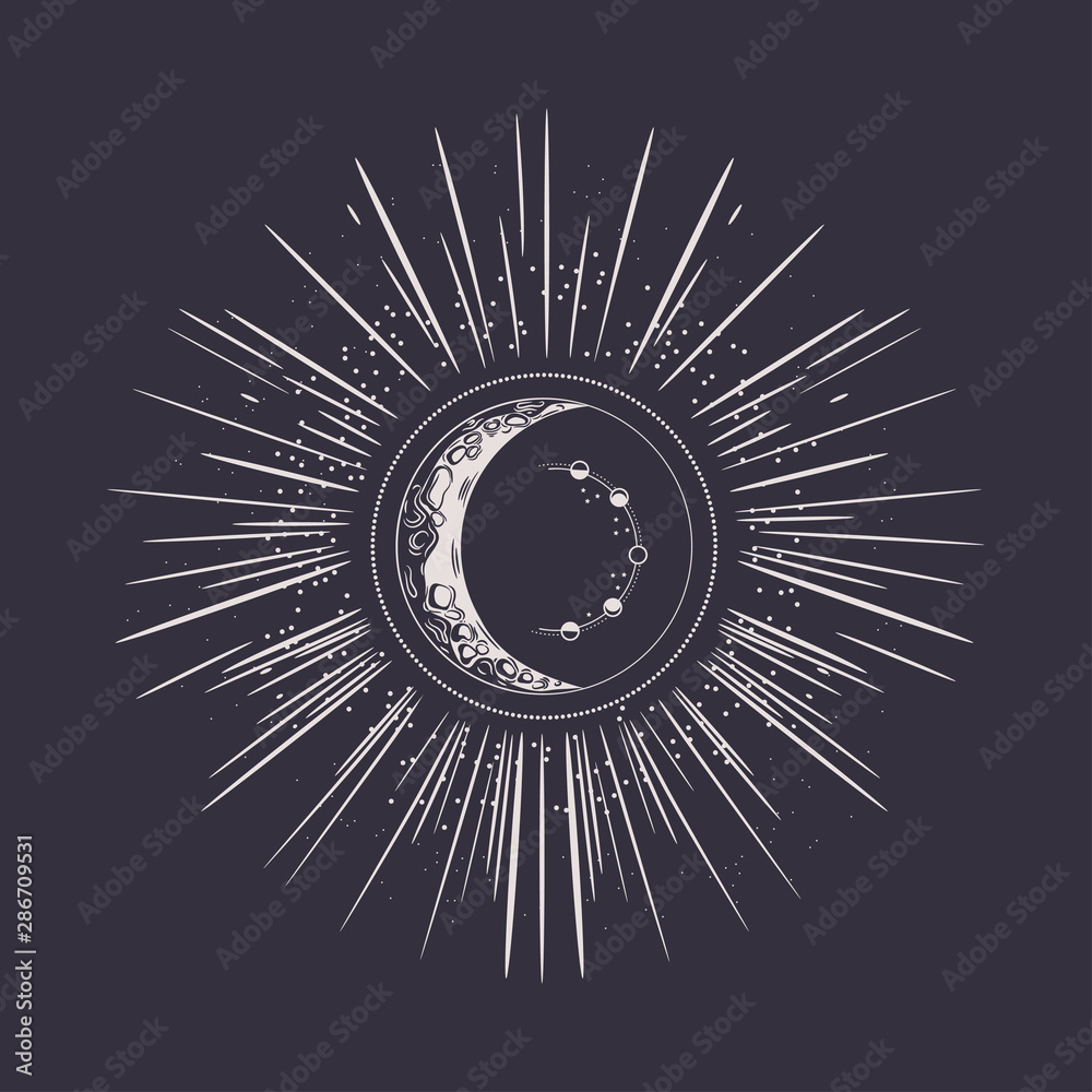 Fototapeta premium Moon phases, crescent and rays. Vintage graphics.