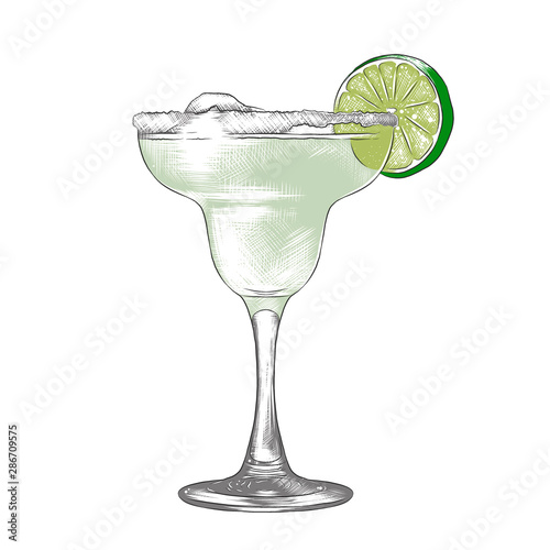 Vector engraved style illustration for posters, decoration and print. Hand drawn sketch of Margarita alcoholic cocktail, colorful isolated on white background. Detailed vintage woodcut style