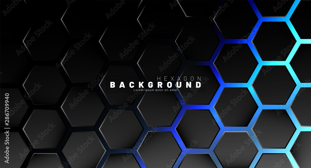 Abstract black hexagon pattern on blue neon background technology style. Honeycomb. Vector illustration Abstract black hexagon pattern on blue neon background technology style. Honeycomb. Vector illustration