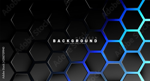 Abstract black hexagon pattern on blue neon background technology style. Honeycomb. Vector illustration