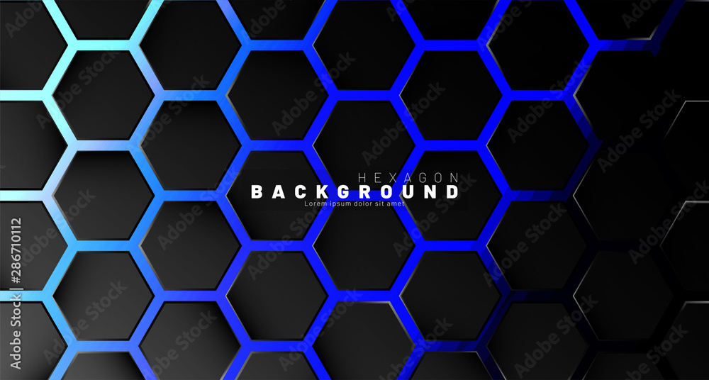 Abstract black hexagon pattern on blue neon background technology style. Honeycomb. Vector illustration Abstract black hexagon pattern on blue neon background technology style. Honeycomb. Vector illustration