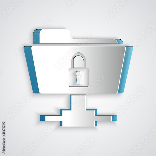 Paper cut FTP folder and lock icon isolated on grey background. Concept of software update, ftp transfer protocol. Security, safety, protection concept. Paper art style. Vector Illustration