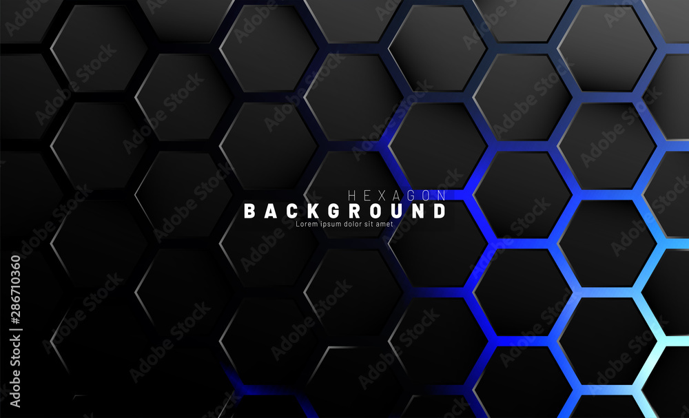 Abstract black hexagon pattern on blue neon background technology style. Honeycomb. Vector illustration Abstract black hexagon pattern on blue neon background technology style. Honeycomb. Vector illustration