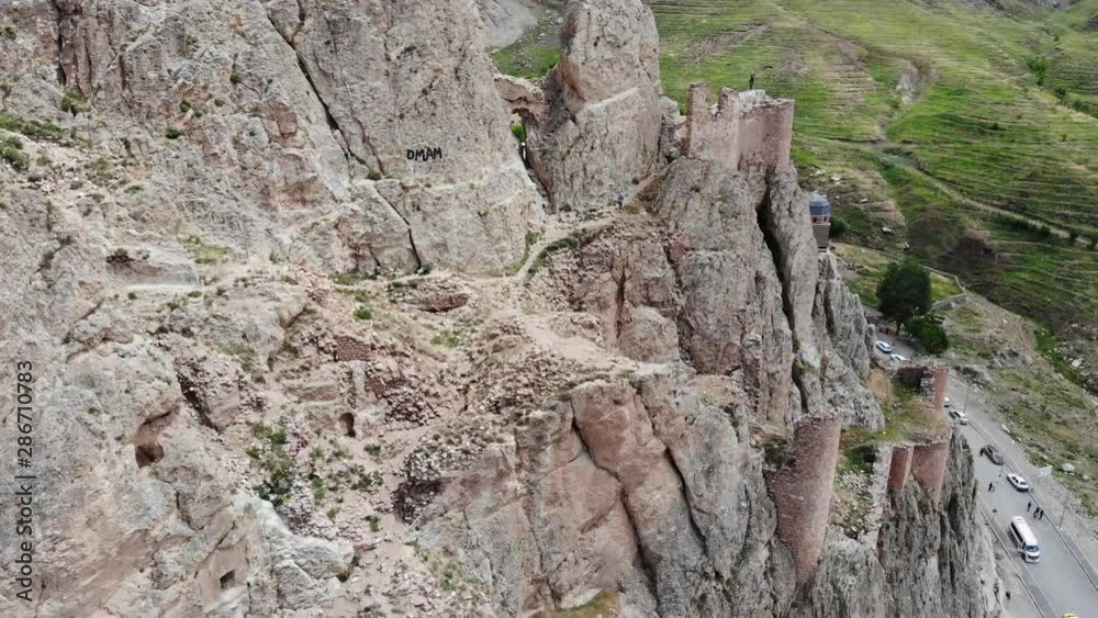 Aerial view of the ruins of the Dogubayazit castle, built on the mountain near Eski Bayezıd Cami and the Ishak Pasha Palace. Eastern Turkey Aerial view of the ruins of the Dogubayazit castle, built on the mountain near Eski Bayezıd Cami and the Ishak Pasha Palace. Eastern Turkey
