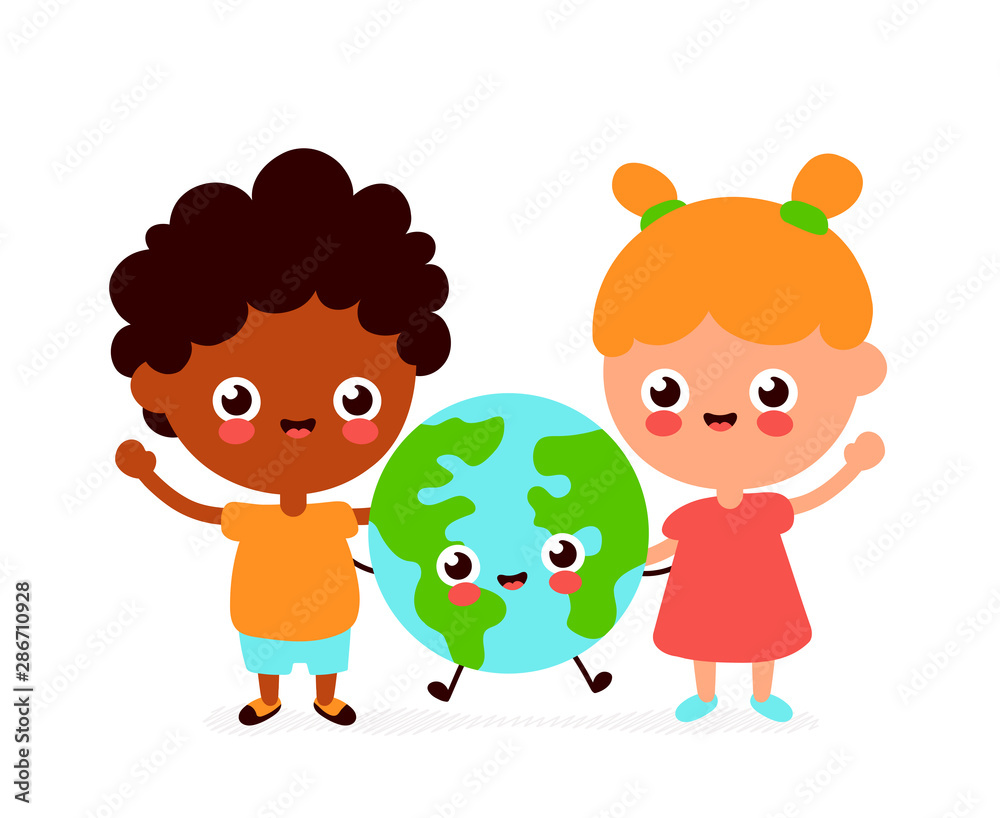 Cute happy funny smiling boy,girl and Earth planet Cute happy funny smiling boy,girl and Earth planet
