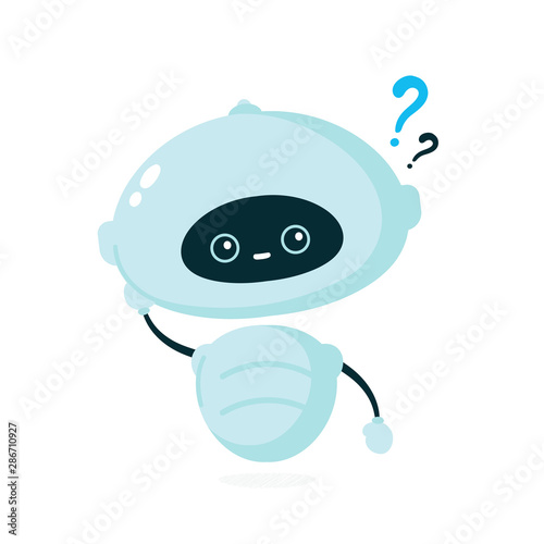 Cute smiling robot, bot with question mark