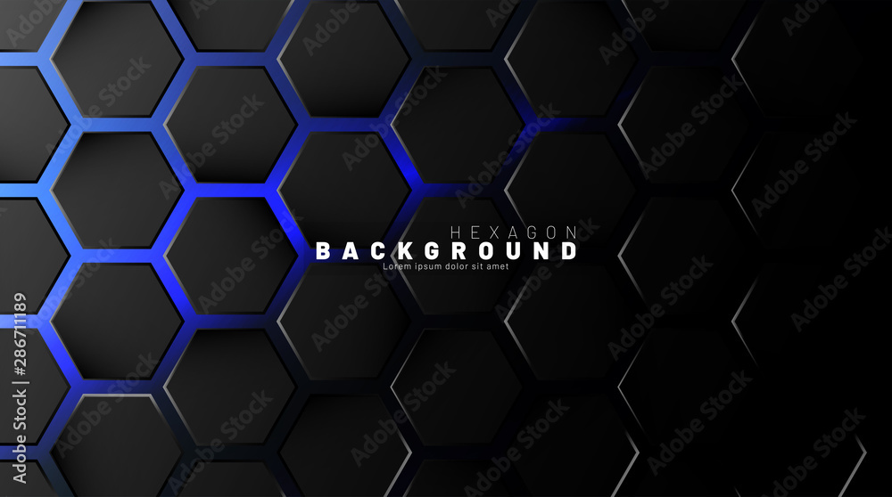 Abstract black hexagon pattern on blue neon background technology style. Honeycomb. Vector illustration