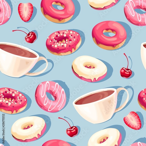 Seamless pattern with high detail glazed donuts