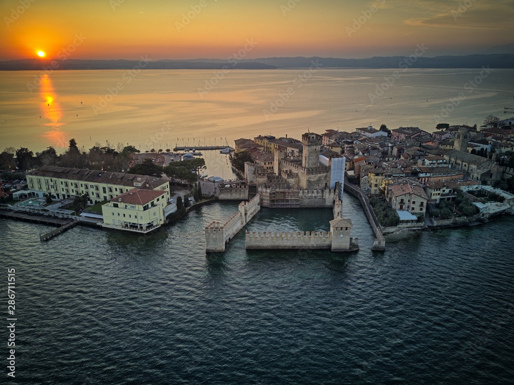 Aerial image of Sirmione and Lago di Garda Italy.