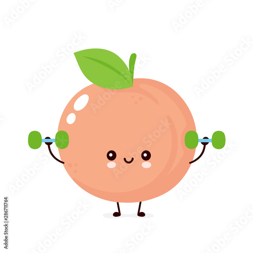 Cute happy smiling peach with dumbells