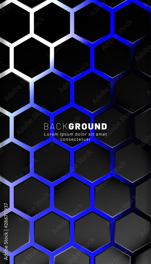 Vertical hexagon background. Gradient color light pattern with dark background technology style. Honeycomb. Vector illustration of light.