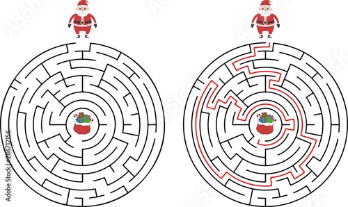 Winter Maze Labyrinth Game with answer. Help Santa find the way out of the Labyrinth. Colorful flat vector illustration.