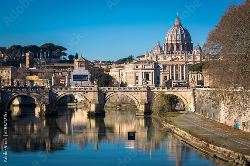 St. Peter's Basilica view of the Tiber River, Vatican, Rome, Italy.