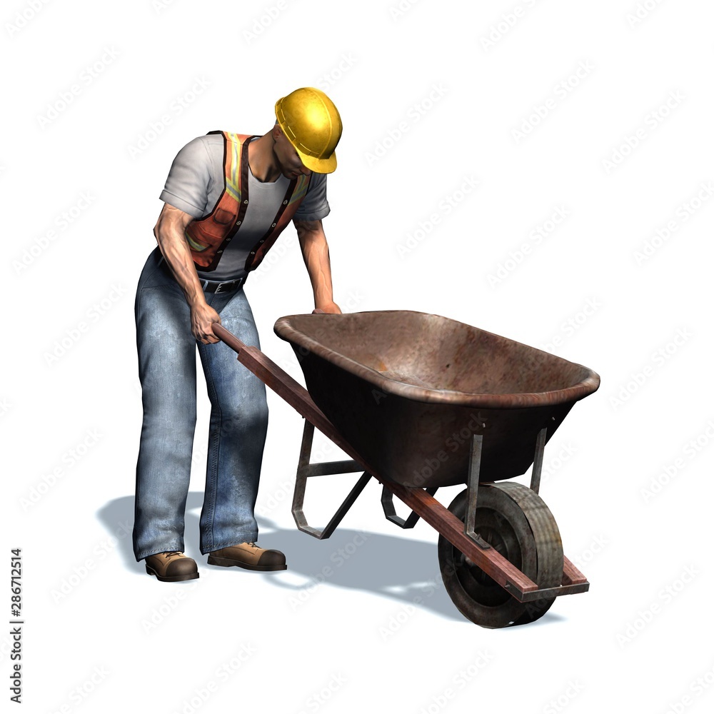Laborer with wheelbarrow - isolated on white background - 3D illustration Laborer with wheelbarrow - isolated on white background - 3D illustration