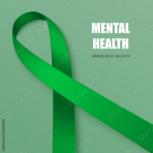 Realistic green ribbon. Symbol of adrenal cancer, glaucoma, mental health awareness