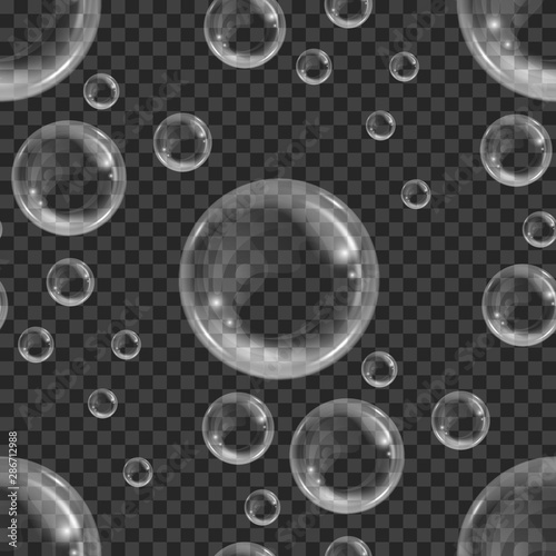 Seamless pattern with realistic floating soap bubbles on transparent background. Design element for advertising booklet, flyer or poster
