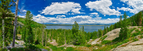 Panorama of Jenny Lake at Grand Teton National Park, Wyoming.