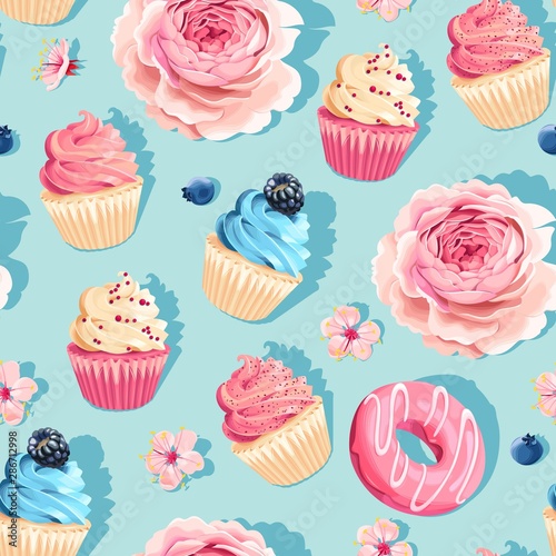 Seamless pastel vector high detail cupcake pattern