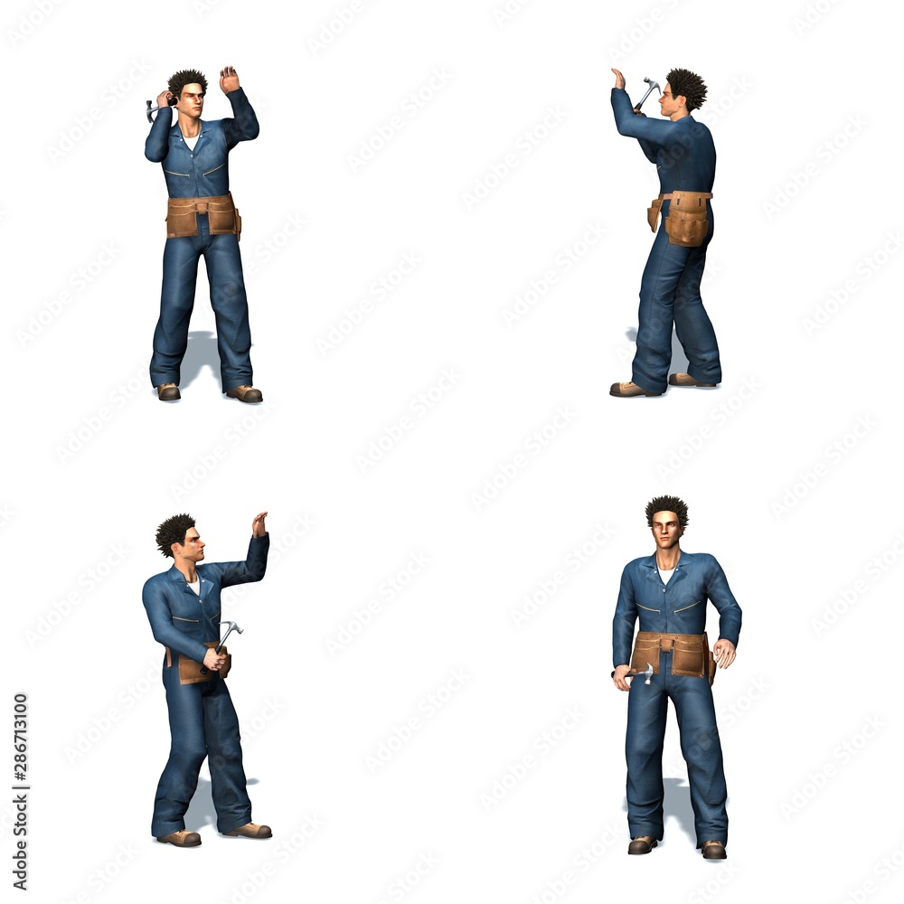 Obraz premium Set of Repairman works with hammer - different views - isolated on white background - 3D illustration
