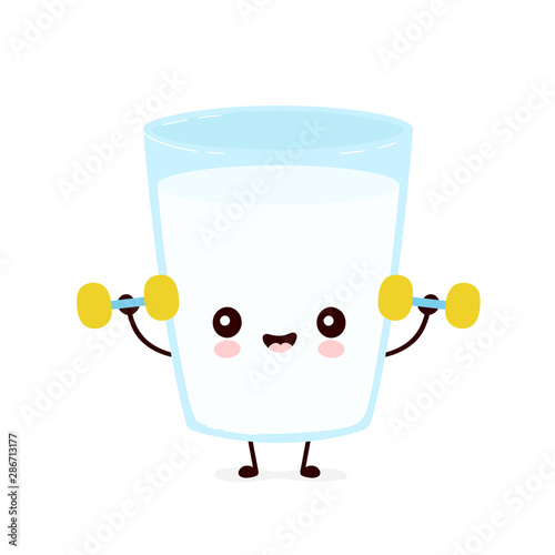 Cute smiling happy milk glass with dumbbels