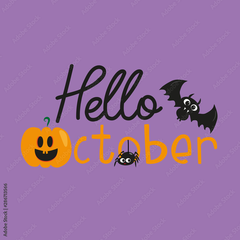 Hello October halloween text, with cute bats, pumpkin, and ghost, on purple color background. T-shirt graphics, posters, party concept, textile graphic, card.