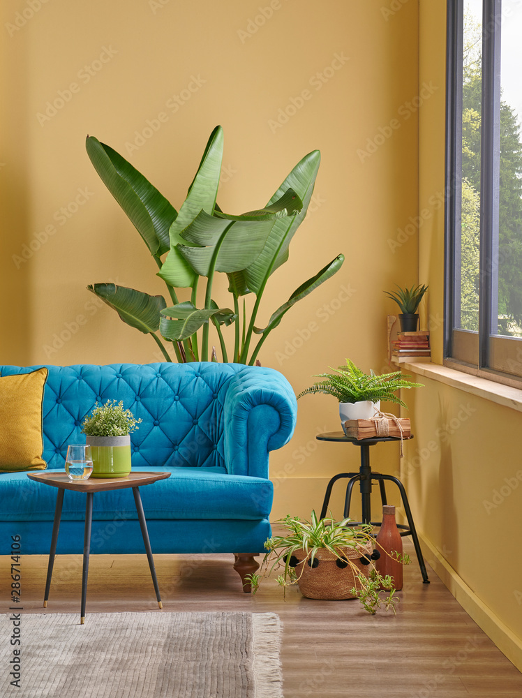 Modern yellow living room, blue classic sofa, easel and painting style, frame vase of plant and interior decoration.