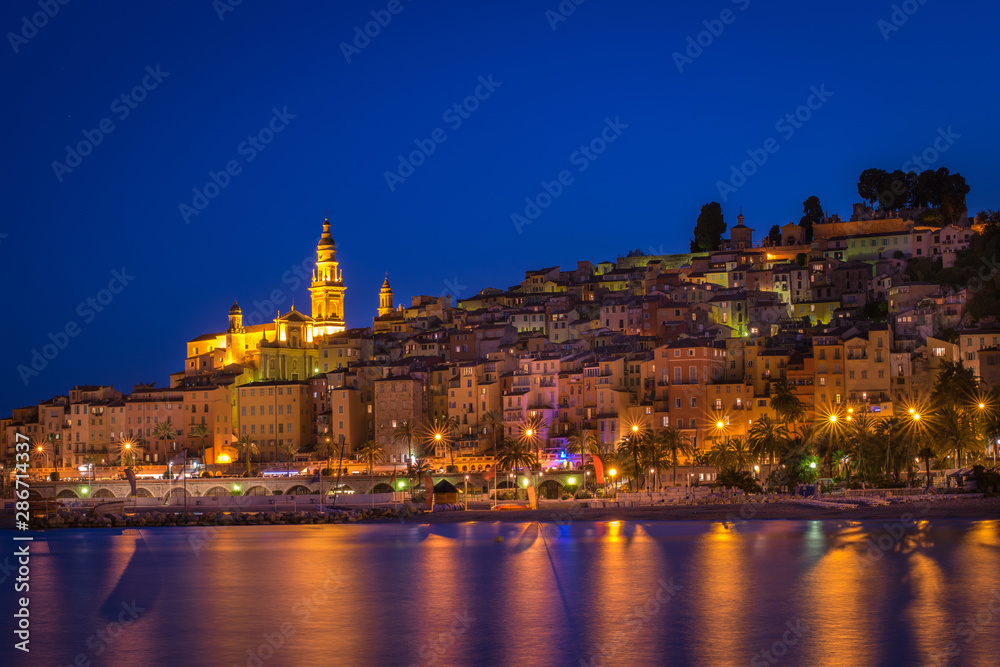Dusk in the city of Menton, France.