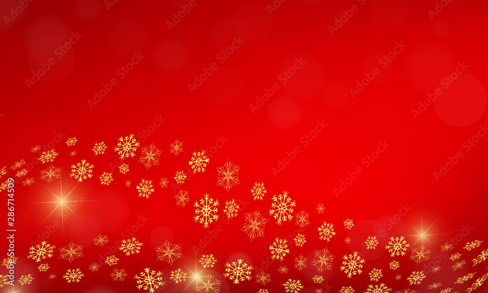 Red festive design. Wavy gold snowflake decoration with golden sparkle. Bokeh effect in the background. Red festive design. Wavy gold snowflake decoration with golden sparkle. Bokeh effect in the background.