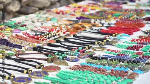 Traditional Homemade Bracelets and Necklaces on Open Village Market in Ladakh Region, India. Cinematic Slowmotion photo