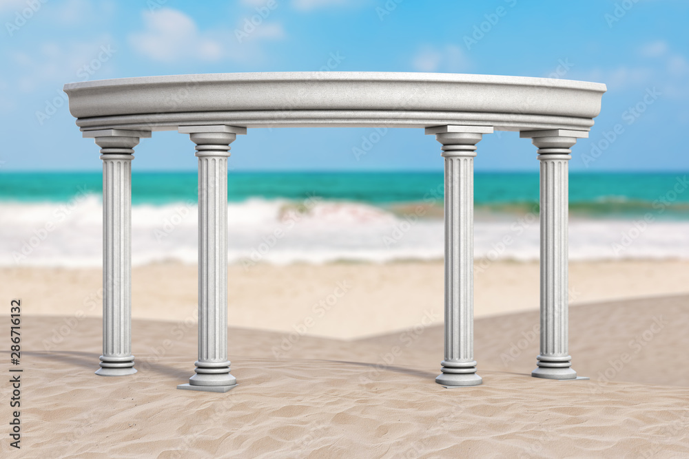 Summer Vacation Concept. Ancient Classic Greek Column Arch on an Ocean Deserted Coast. 3d Rendering