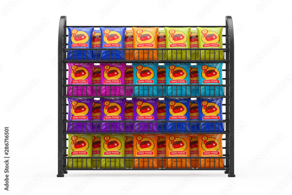 Dog Food Bag Packages Designon a Black Long Showcase Displays with Retail Shelves. 3d Rendering Dog Food Bag Packages Designon a Black Long Showcase Displays with Retail Shelves. 3d Rendering