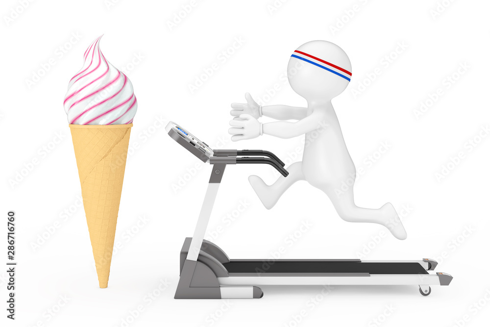 Fitness Concept. Person Runner Runs Along the Treadmill and Reaches for the Soft Serve Ice Cream in Waffle Crispy Ice Cream Cone. 3d Rendering Fitness Concept. Person Runner Runs Along the Treadmill and Reaches for the Soft Serve Ice Cream in Waffle Crispy Ice Cream Cone. 3d Rendering