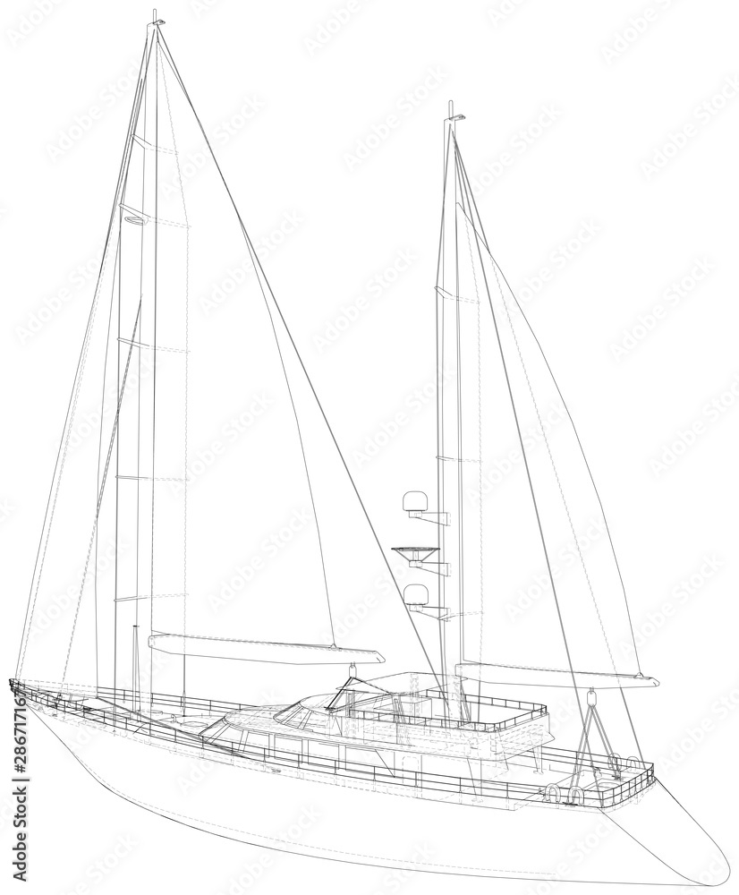 Sailing boat isolated on white. Technical wire-frame. Vector rendering of 3d.