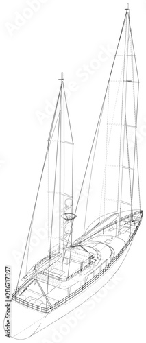 Yacht sailboat or sailing ship wire-frame. Vector illustration. Tracing illustration of 3d.