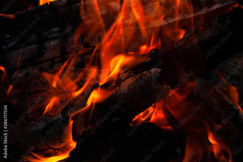 Burning wood logs, cooking on fire, warm evening, sparkles in the air, warm air from the fire Burning wood logs, cooking on fire, warm evening, sparkles in the air, warm air from the fire