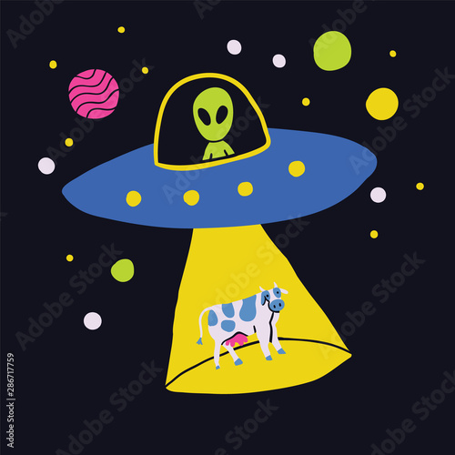 Hand drawn doodle comic poster with UFO spaceship