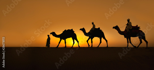 Rajasthan travel background - Three indian cameleers (camel drivers) with camels silhouettes in dunes of Thar desert on sunset. Jaisalmer, Rajasthan, India